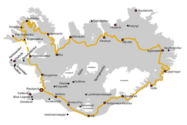 Główne drogi w Islandii - przeważająca większość to droga Nr 1