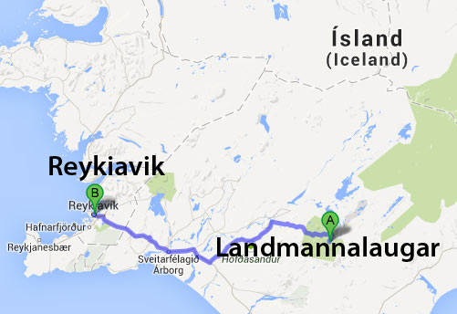 Mapa dojazdu z Rejkiawiku do Landmannalaugar